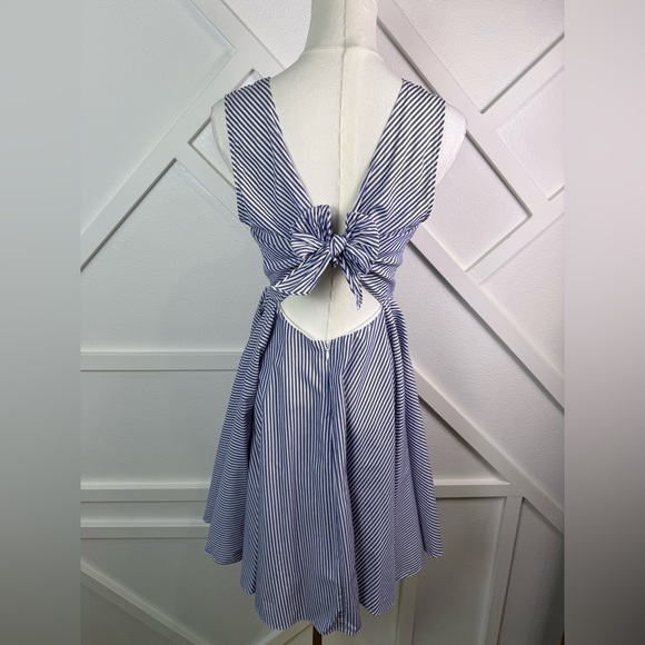 Sandro Paris Blue Striped Cutout Bow Back Dress Size 3 (US 8) Lace Detail - Picture 5 of 16